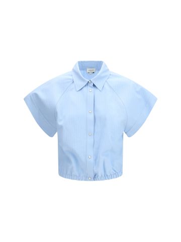 Short-sleeve Shirt in striped viscose and linen canvas